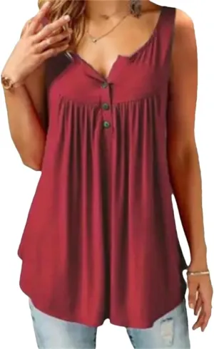 Women Loose Solid U Neck Camisole Sleeveless Pleated Tank Top Button Summer Vest Red M