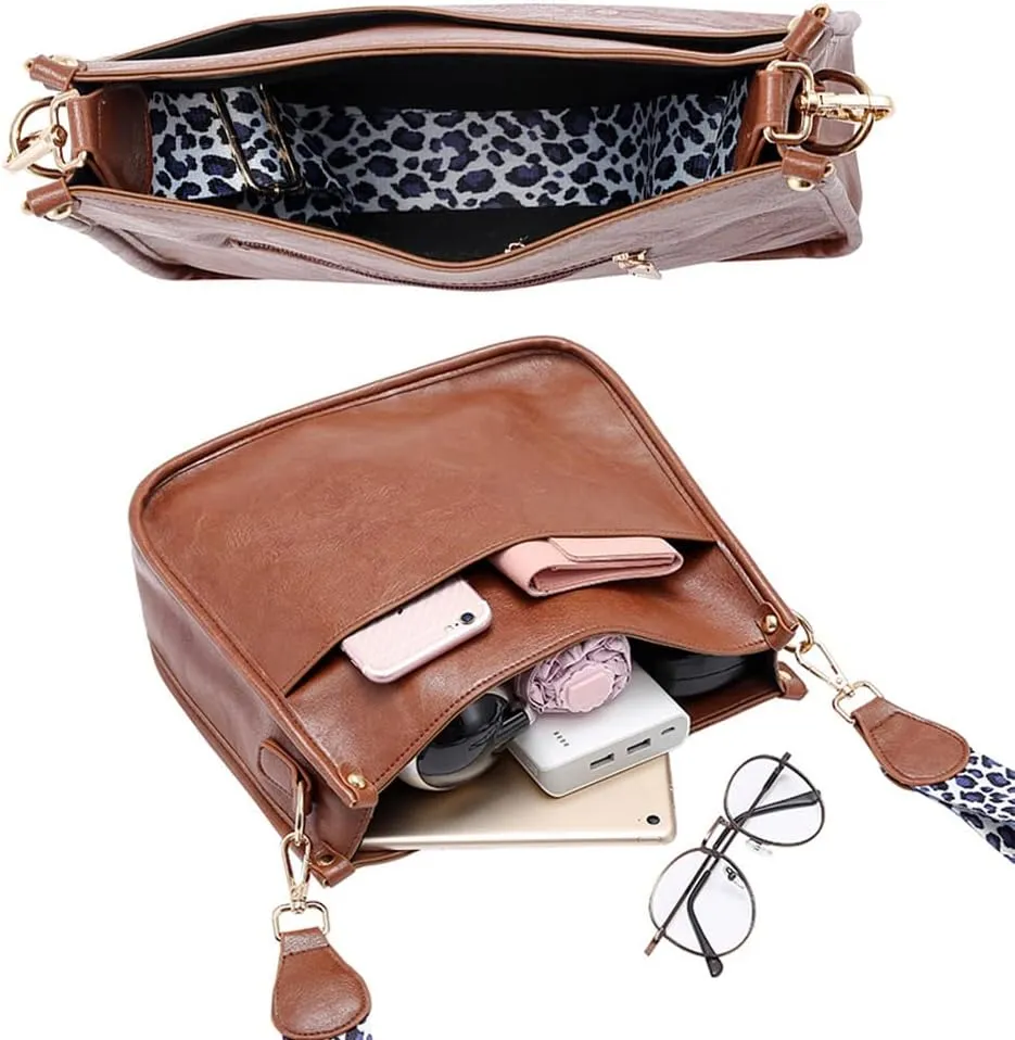 Women PU Leather Shoulder Large Capacity Tote Leopard Print Crossbody Purse Retro Handbag Wallet for Work