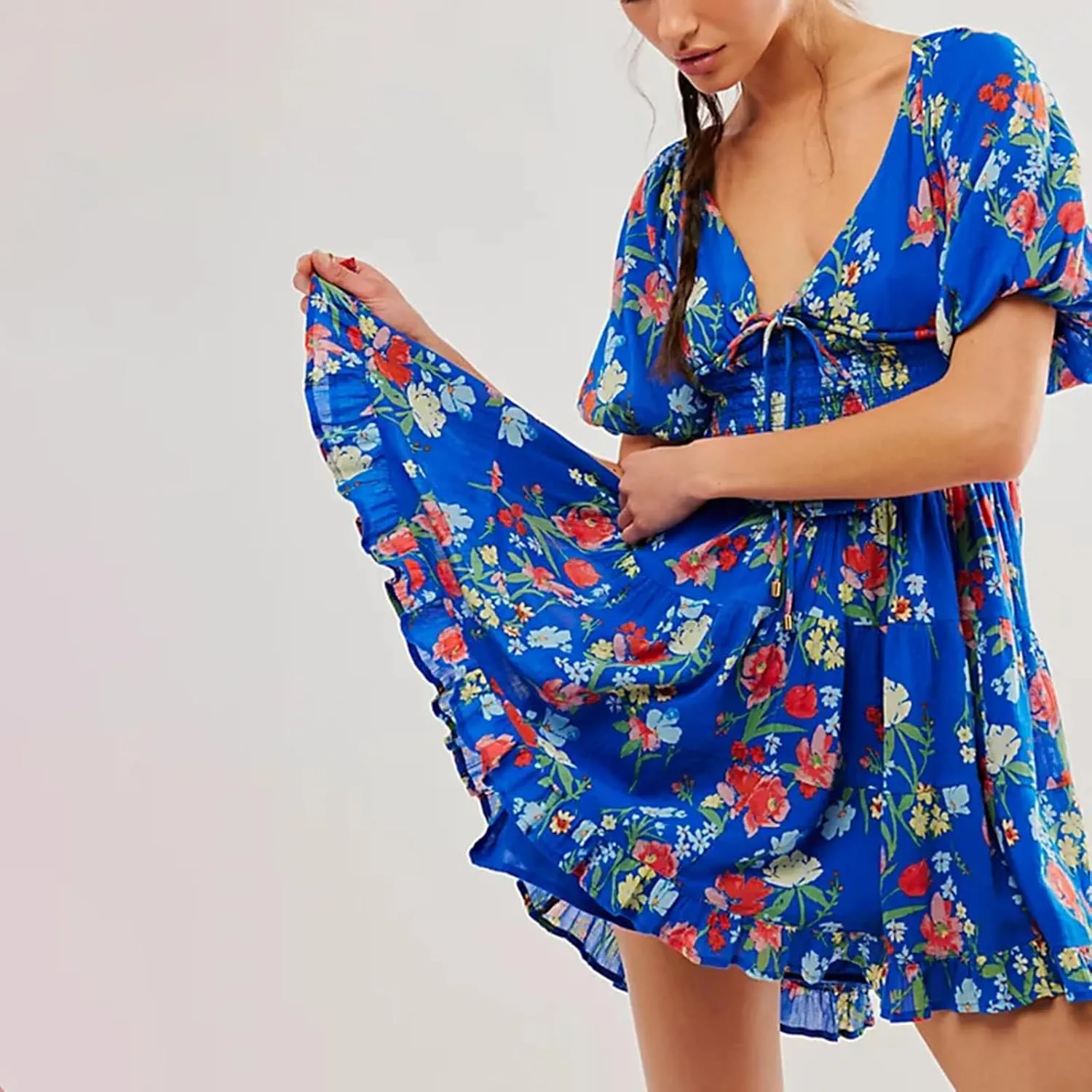 Women Ruffle Floral Boho Dress Puff Short Sleeve V Neck Tie Sundresss Tiered Mini Dresses Casual Beach Summer