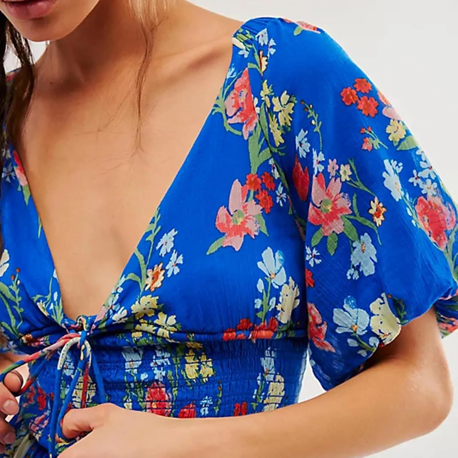 Women Ruffle Floral Boho Dress Puff Short Sleeve V Neck Tie Sundresss Tiered Mini Dresses Casual Beach Summer