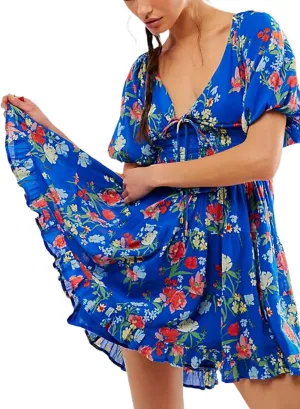 Women Ruffle Floral Boho Dress Puff Short Sleeve V Neck Tie Sundresss Tiered Mini Dresses Casual Beach Summer