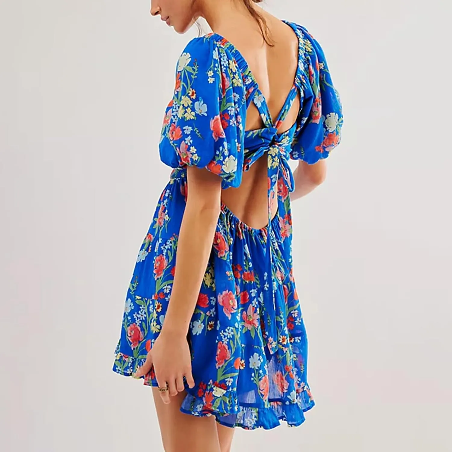 Women Ruffle Floral Boho Dress Puff Short Sleeve V Neck Tie Sundresss Tiered Mini Dresses Casual Beach Summer