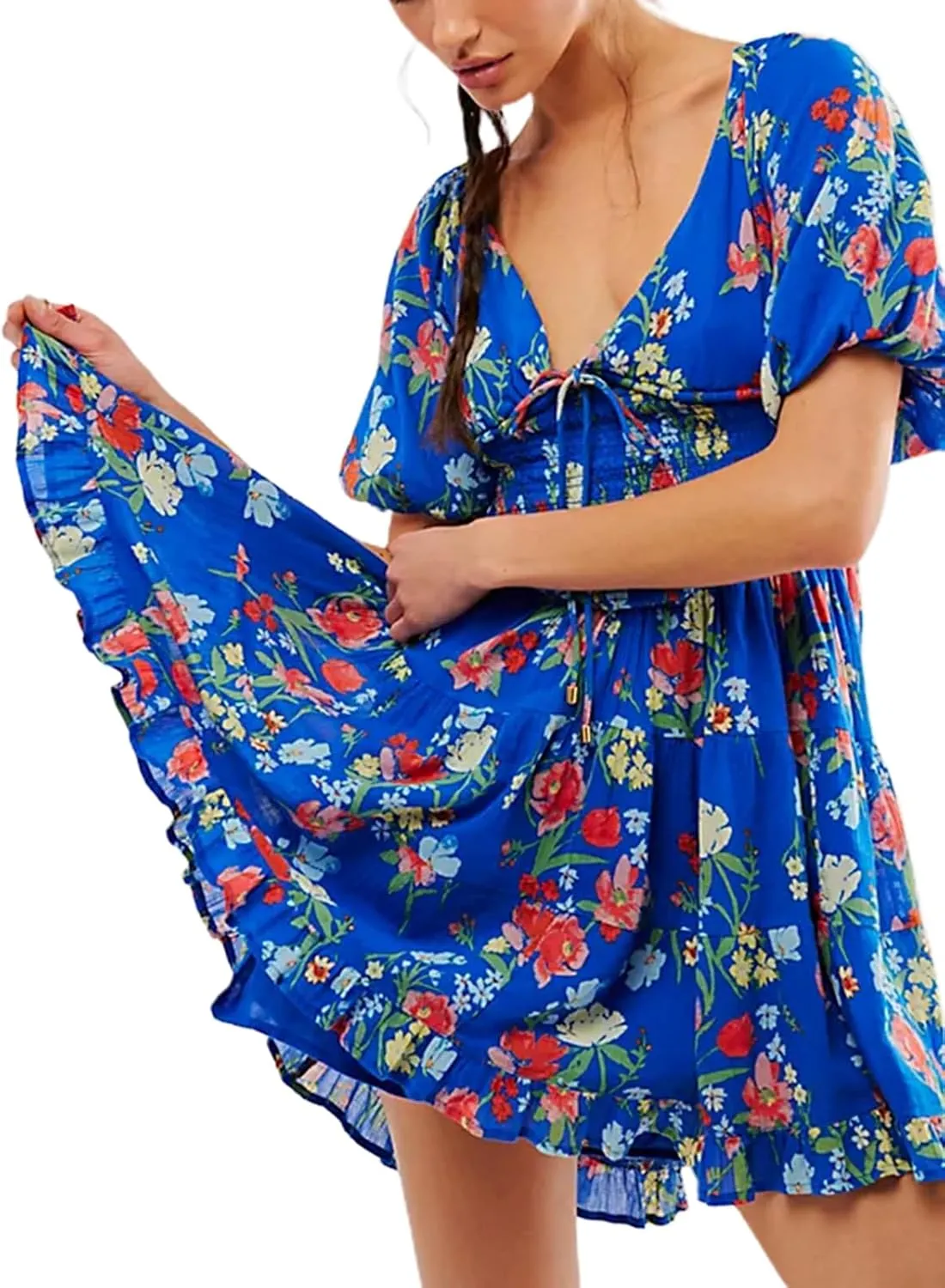 Women Ruffle Floral Boho Dress Puff Short Sleeve V Neck Tie Sundresss Tiered Mini Dresses Casual Beach Summer