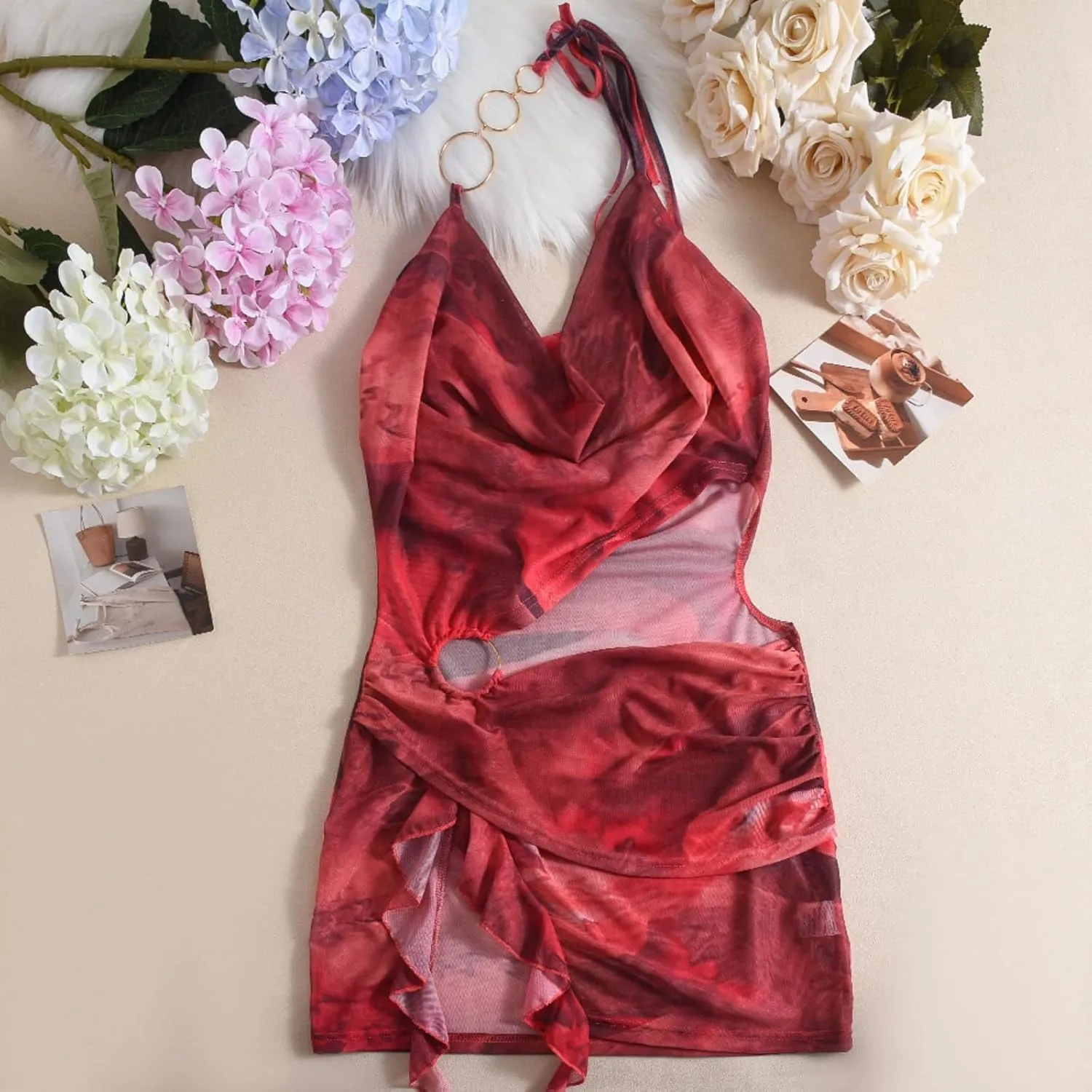 Women Sexy Halterneck Mini Dress Hollow Out Colourful Mesh Floral Dress for Beach Party Night
