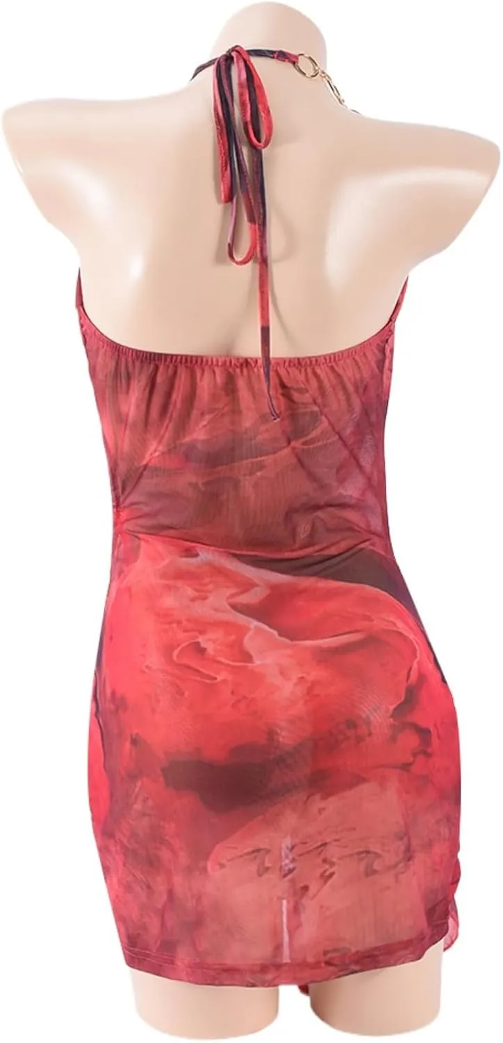 Women Sexy Halterneck Mini Dress Hollow Out Colourful Mesh Floral Dress for Beach Party Night