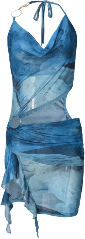 Women Sexy Halterneck Mini Dress Hollow Out Colourful Mesh Floral Dress for Beach Party Night
