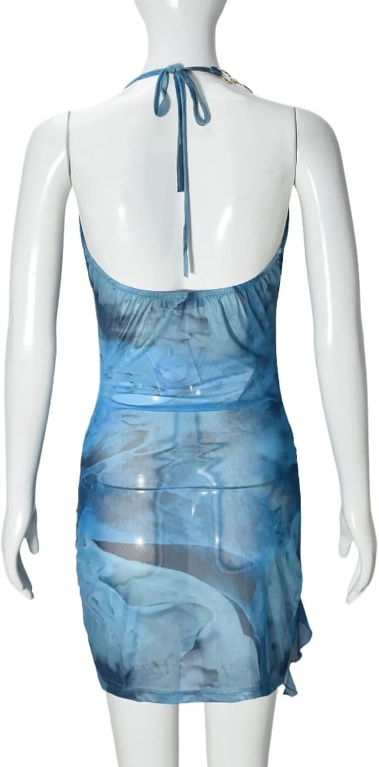 Women Sexy Halterneck Mini Dress Hollow Out Colourful Mesh Floral Dress for Beach Party Night