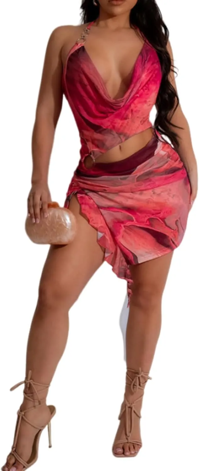 Women Sexy Halterneck Mini Dress Hollow Out Colourful Mesh Floral Dress for Beach Party Night