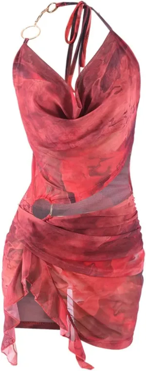 Women Sexy Halterneck Mini Dress Hollow Out Colourful Mesh Floral Dress for Beach Party Night