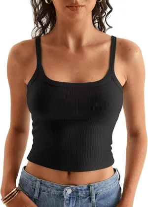 Women Spaghetti Strap Crop Tops Summer Ribbed Tank Tops Scoop Neck Camisole Sleeveless Slim Fit Cami 2024