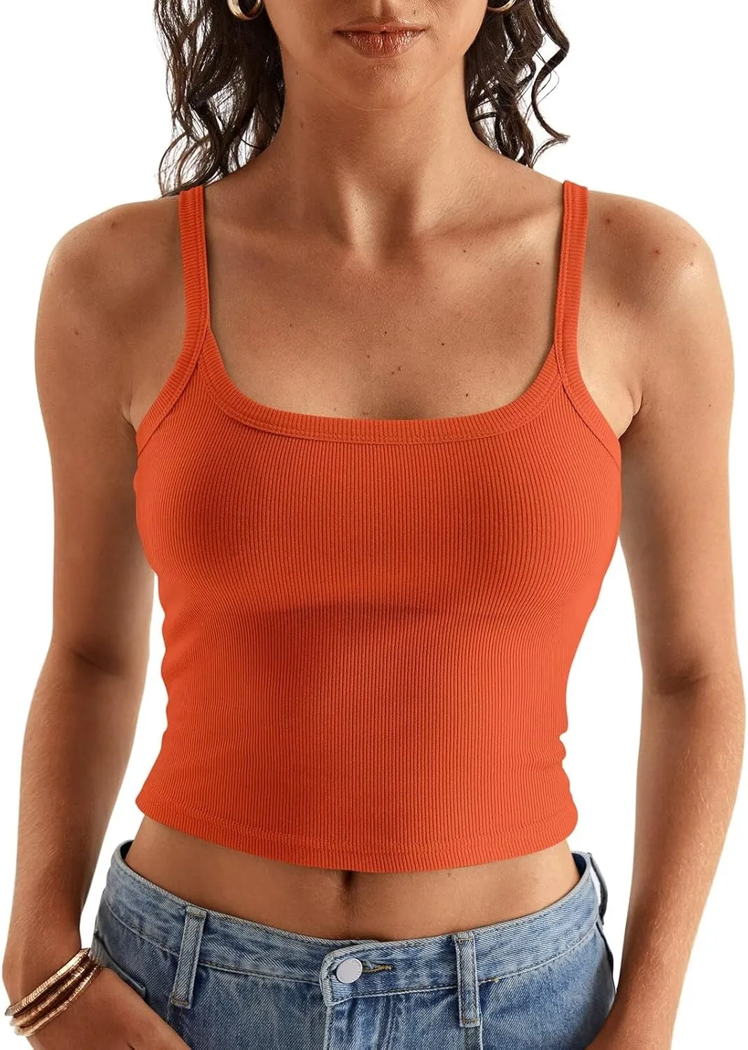 Women Spaghetti Strap Crop Tops Summer Ribbed Tank Tops Scoop Neck Camisole Sleeveless Slim Fit Cami 2024