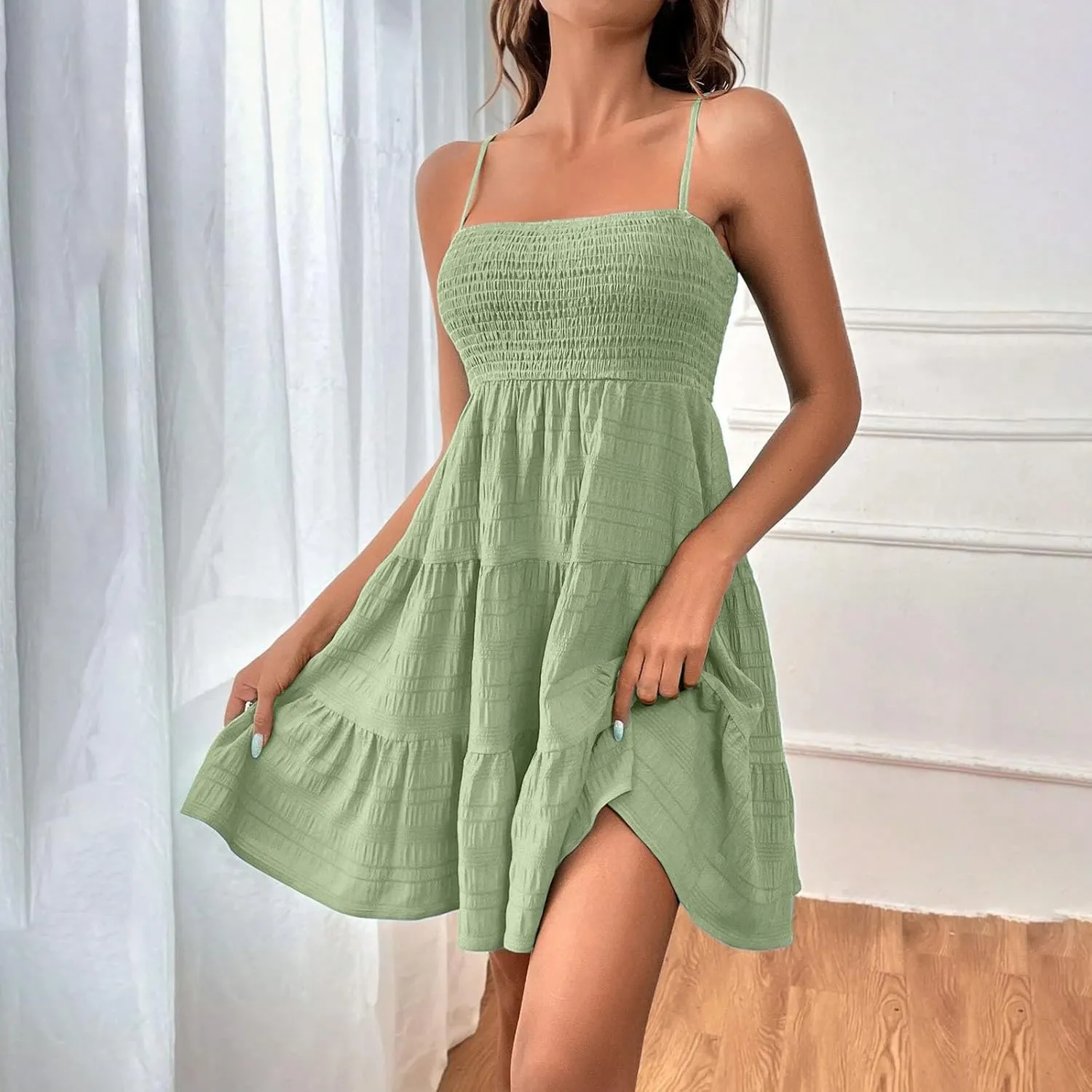 Women Summer Mini Dresses Square Neck Spaghetti Strap Sundress Casual Sleeveless A Line Tiered Beach Graduation Dress