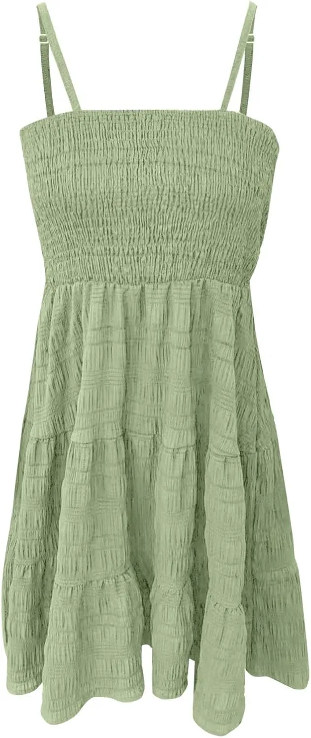 Women Summer Mini Dresses Square Neck Spaghetti Strap Sundress Casual Sleeveless A Line Tiered Beach Graduation Dress