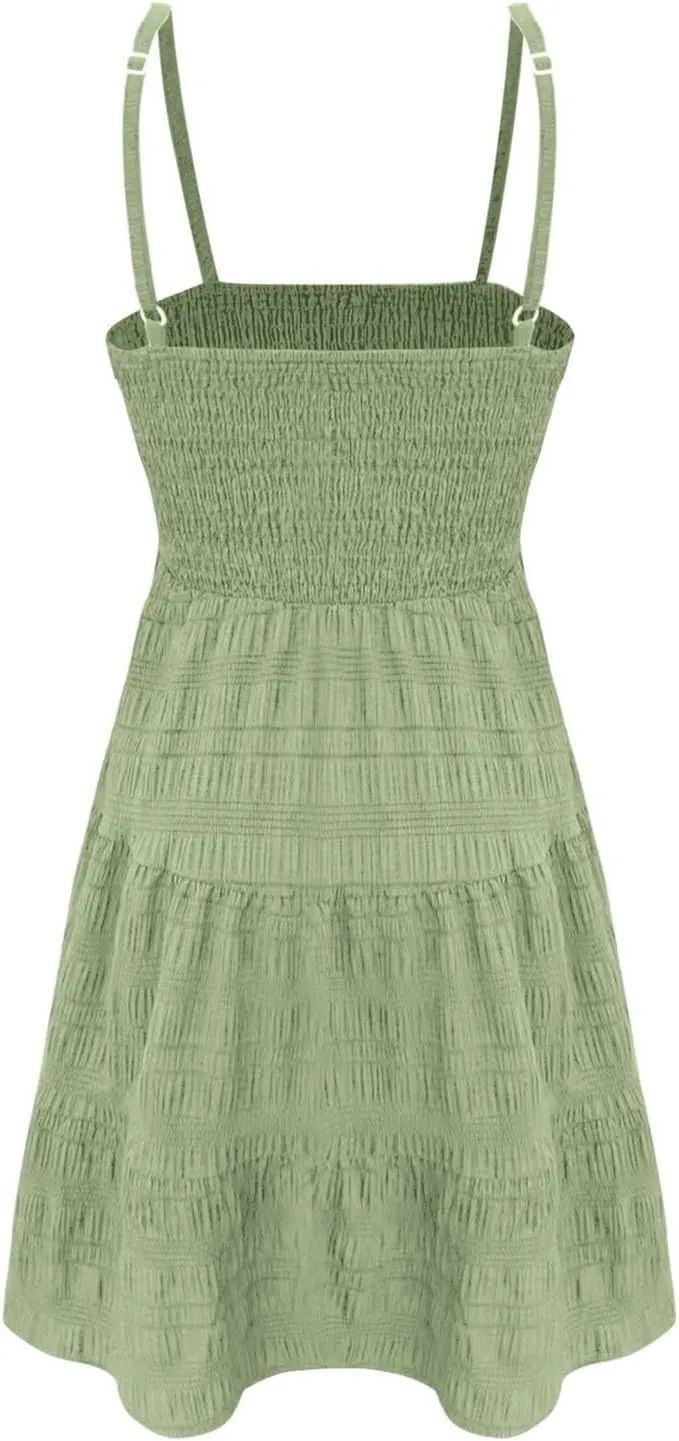 Women Summer Mini Dresses Square Neck Spaghetti Strap Sundress Casual Sleeveless A Line Tiered Beach Graduation Dress