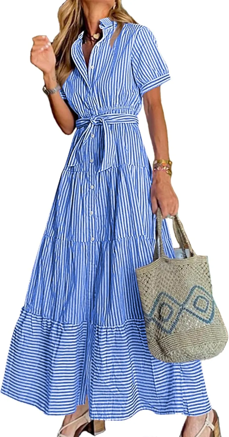 Women Summer Striped Maxi Long Button Down Short Sleeve Tie Waist Tiered Casual Shirt Dress