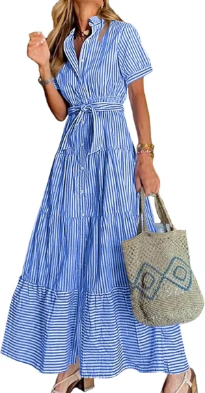 Women Summer Striped Maxi Long Button Down Short Sleeve Tie Waist Tiered Casual Shirt Dress