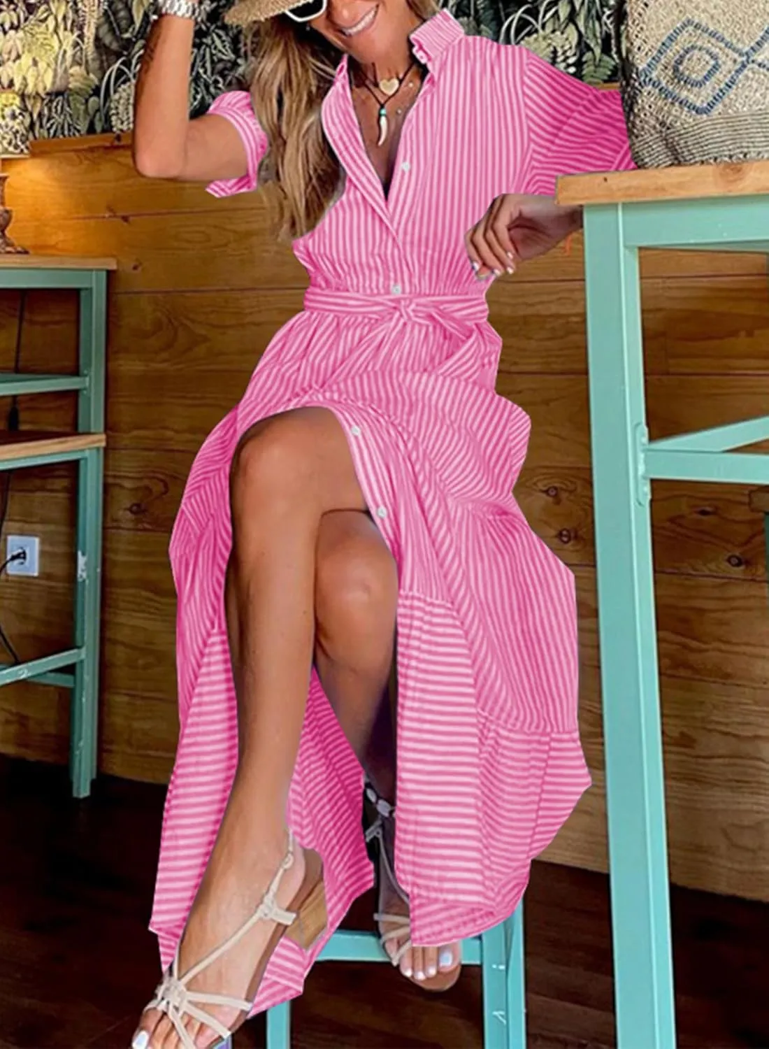 Women Summer Striped Maxi Long Button Down Short Sleeve Tie Waist Tiered Casual Shirt Dress