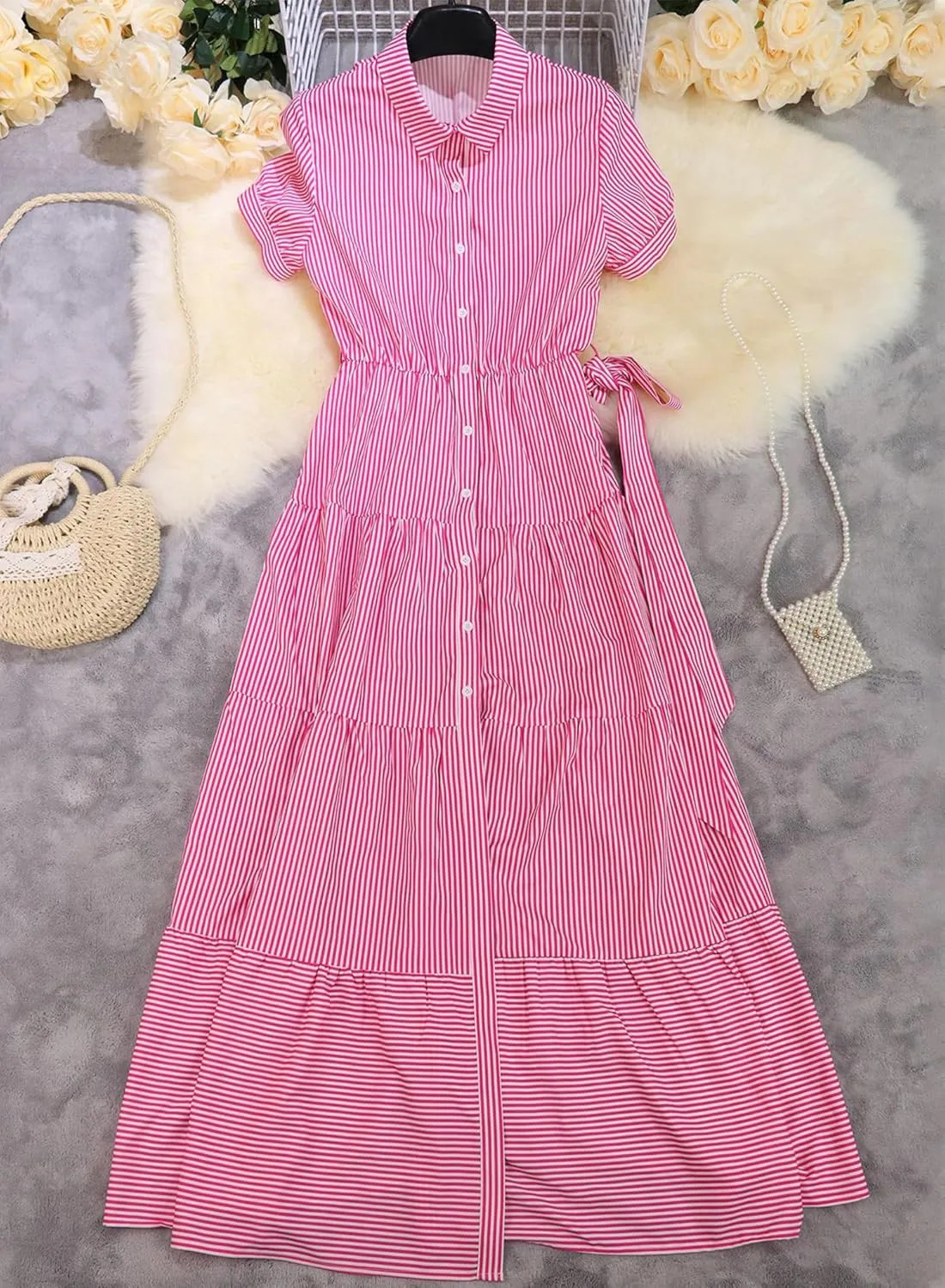 Women Summer Striped Maxi Long Button Down Short Sleeve Tie Waist Tiered Casual Shirt Dress