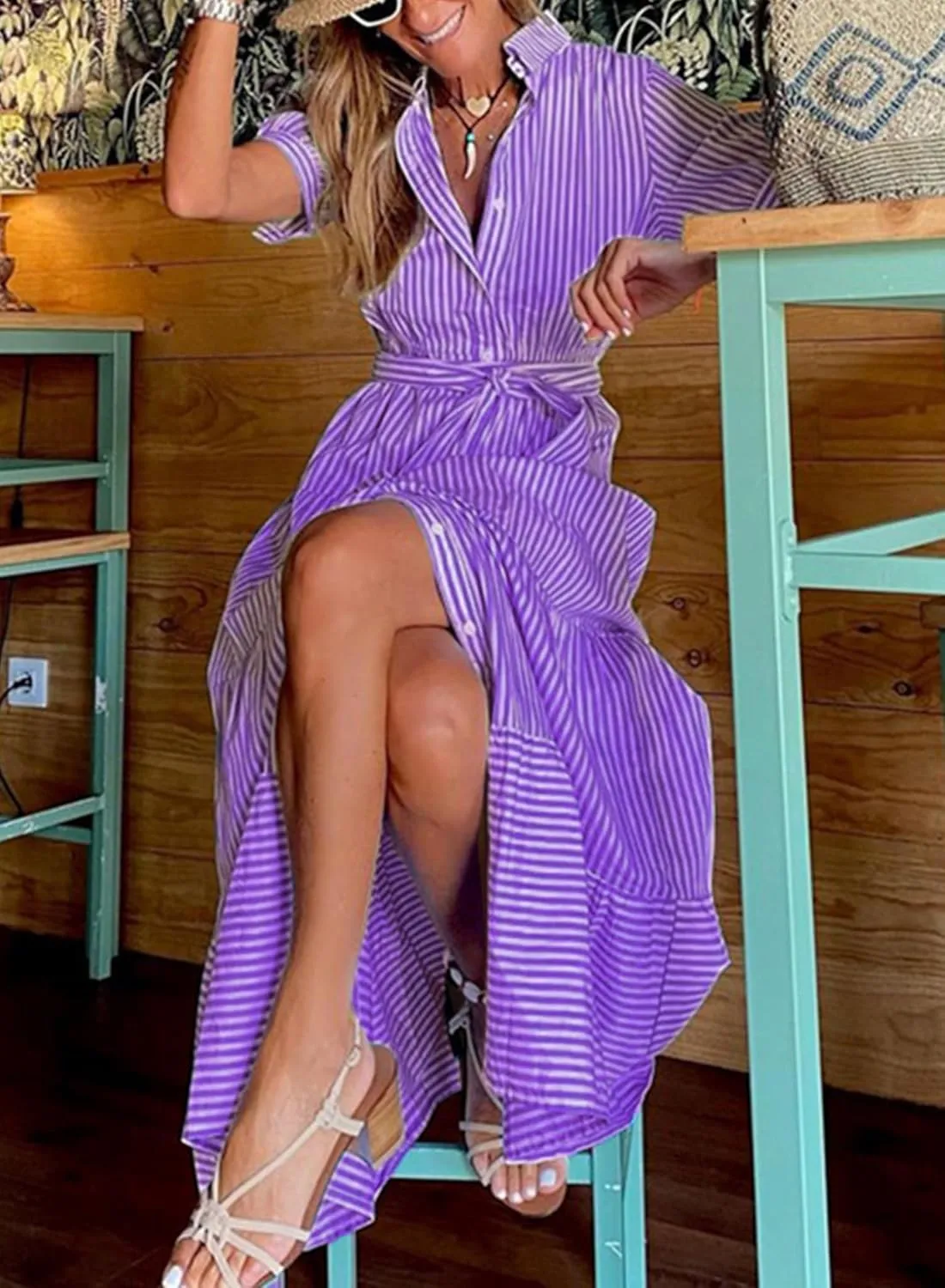 Women Summer Striped Maxi Long Button Down Short Sleeve Tie Waist Tiered Casual Shirt Dress