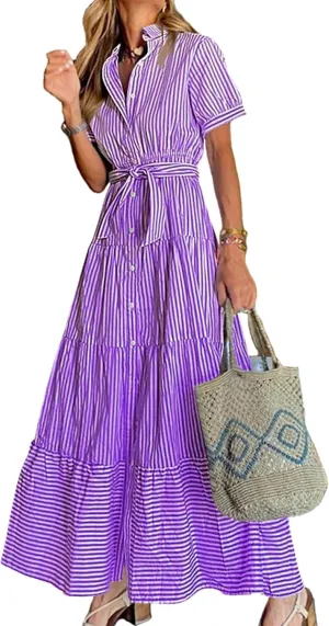 Women Summer Striped Maxi Long Button Down Short Sleeve Tie Waist Tiered Casual Shirt Dress