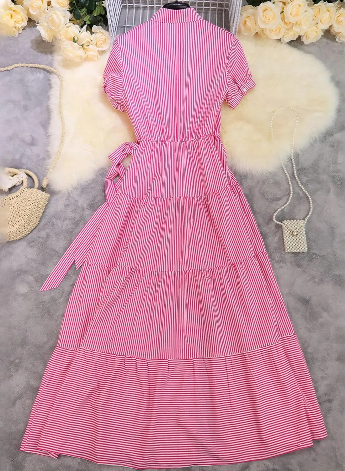 Women Summer Striped Maxi Long Button Down Short Sleeve Tie Waist Tiered Casual Shirt Dress