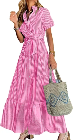 Women Summer Striped Maxi Long Button Down Short Sleeve Tie Waist Tiered Casual Shirt Dress