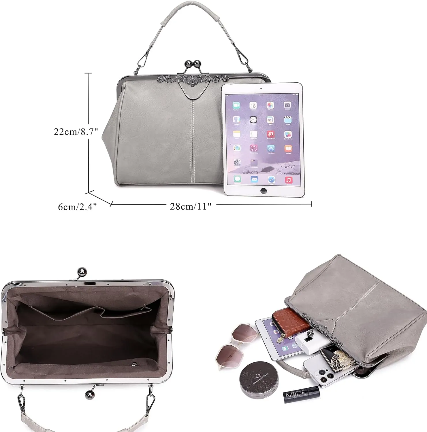 Women Vintage Kiss LockHandbags for Women PU Leather Evening Clutch Satchel Purse Tote, Black