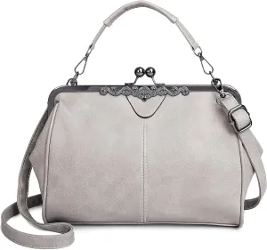 Women Vintage Kiss LockHandbags for Women PU Leather Evening Clutch Satchel Purse Tote, Black