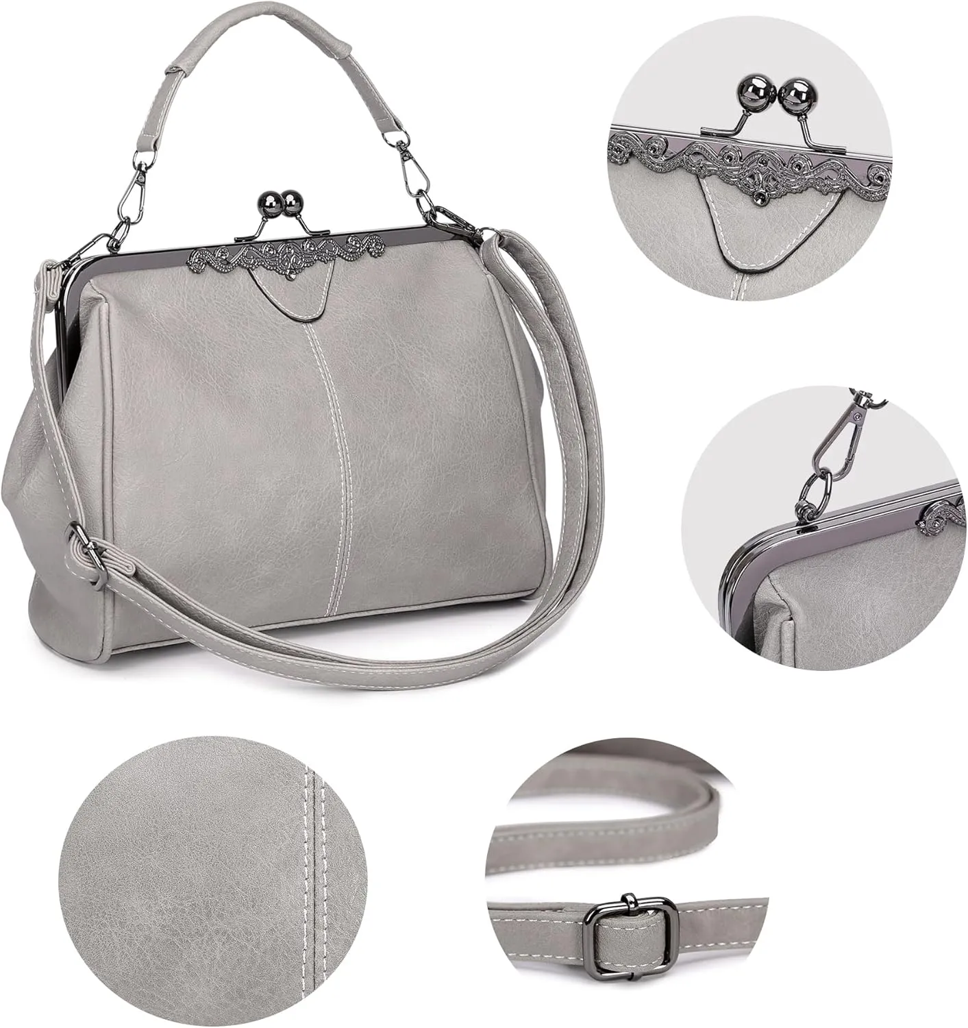 Women Vintage Kiss LockHandbags for Women PU Leather Evening Clutch Satchel Purse Tote, Black
