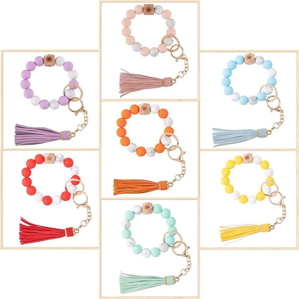 Women Wristlet Keychain Bracelet Wallet for Silicone Beaded Car Key Rings with Bangle Card Holder Elastic Beaded, Type 20