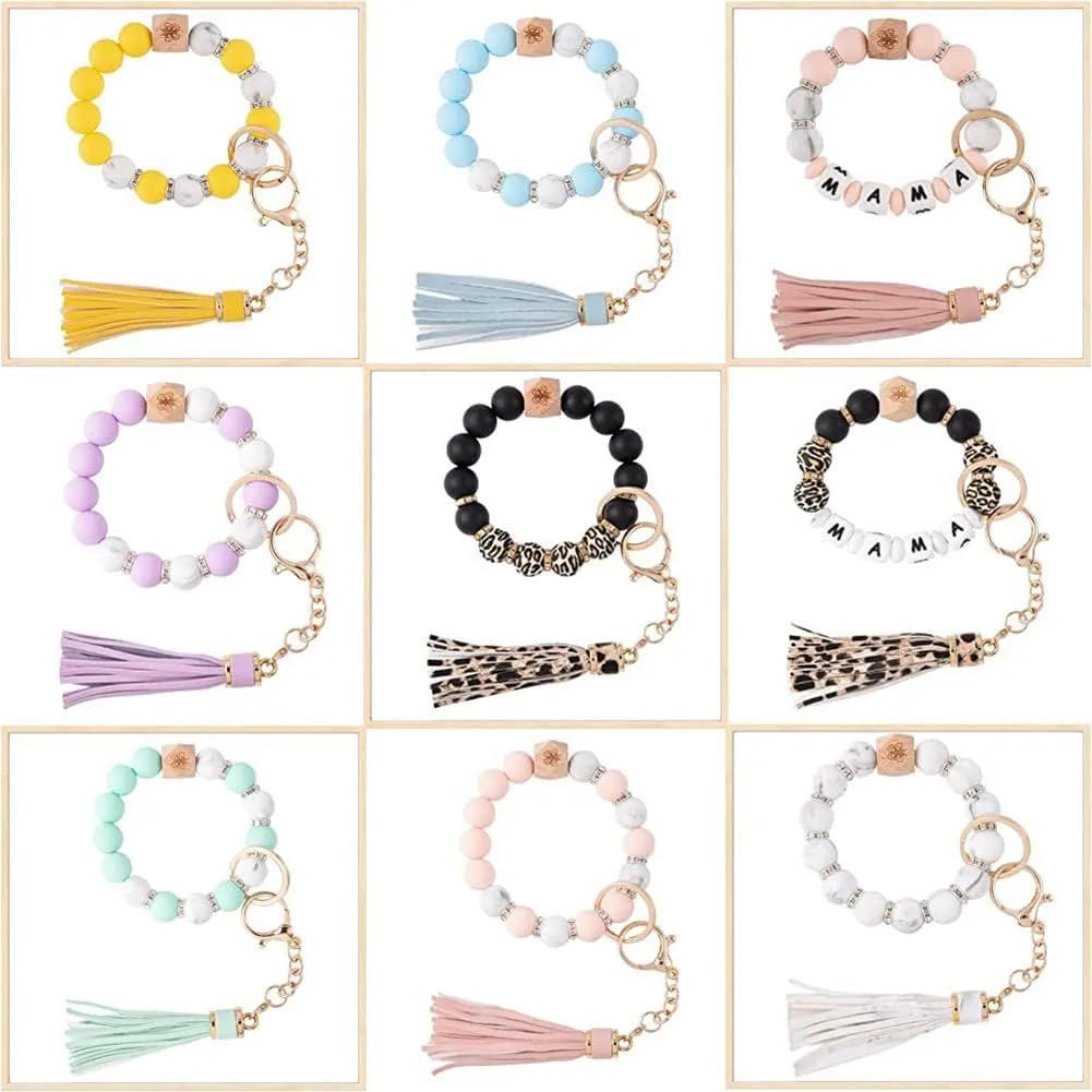 Women Wristlet Keychain Bracelet Wallet for Silicone Beaded Car Key Rings with Bangle Card Holder Elastic Beaded, Type 20