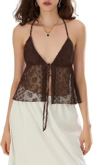 Women Y2K Sexy Tie Front Crop Top Spaghetti Strap Sleeveless Camisole Vest Summer Backless Going Out Cami Tank Tops