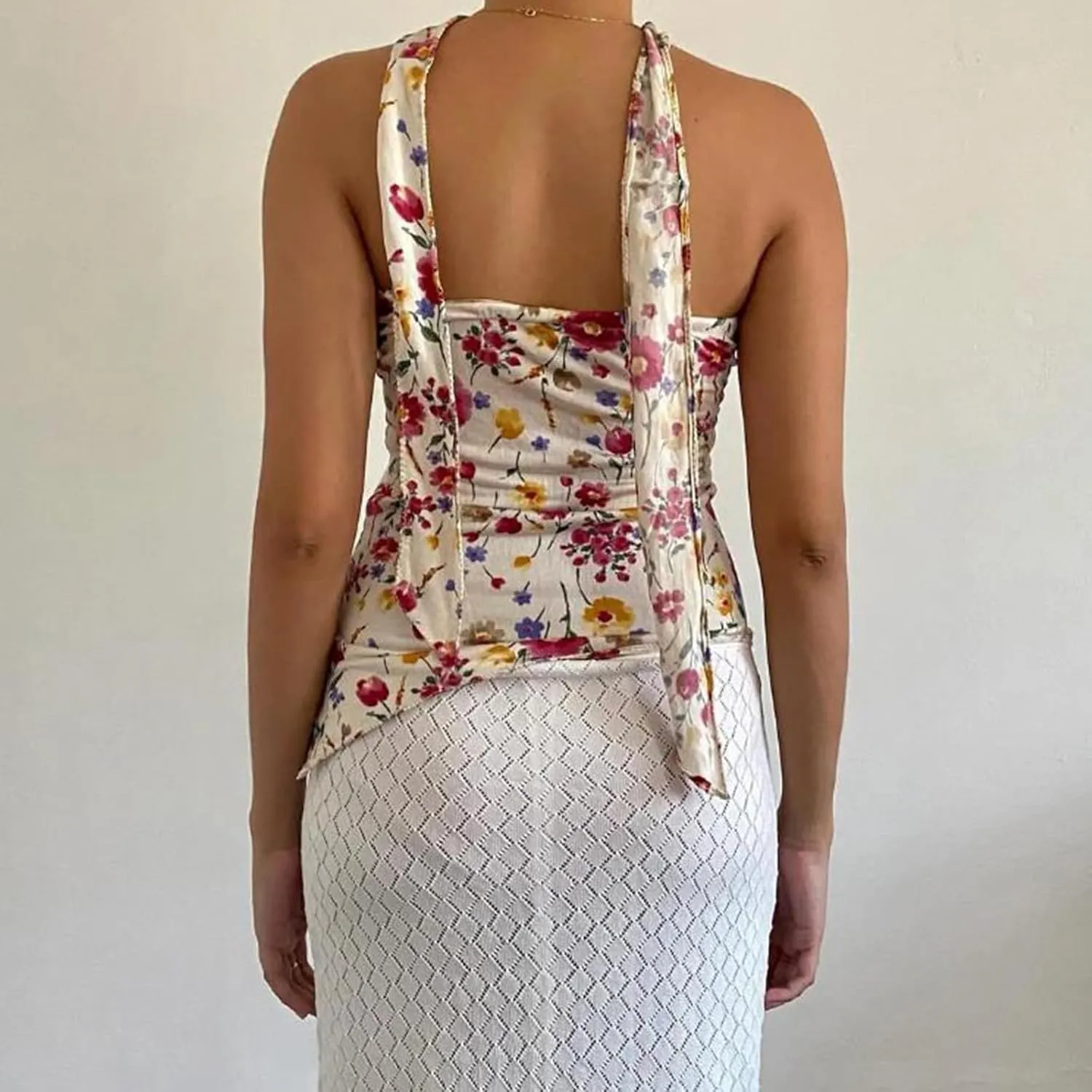 Women Y2k Tube Top Summer Mesh Floral Bandeau Crop Tops Sleeveless Strapless Ruched Going Out Tops with Scarf