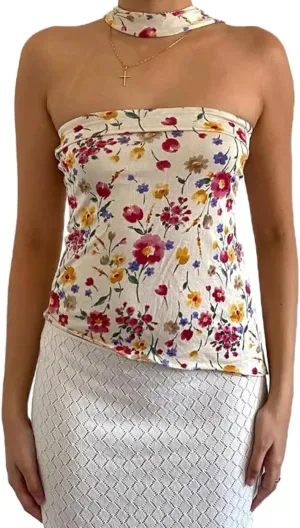 Women Y2k Tube Top Summer Mesh Floral Bandeau Crop Tops Sleeveless Strapless Ruched Going Out Tops with Scarf