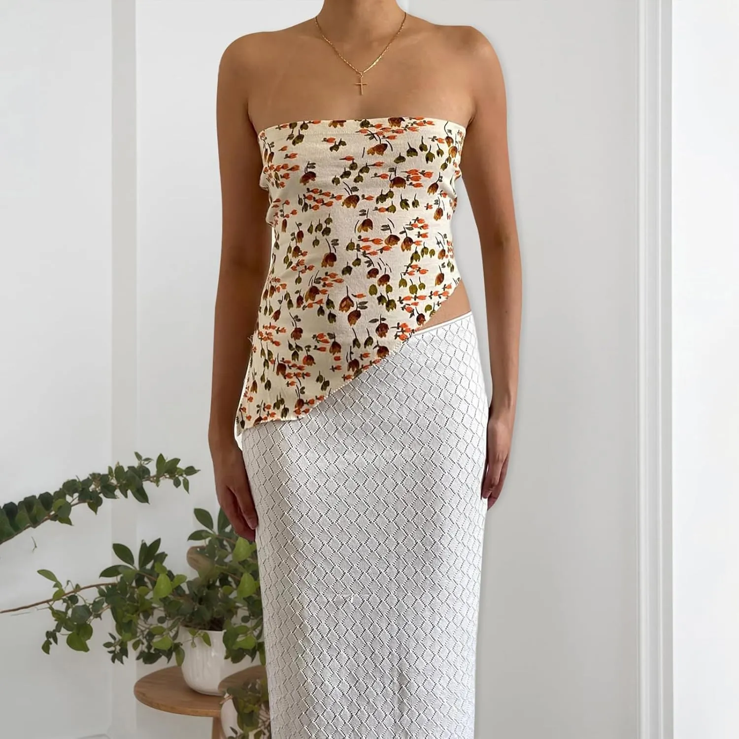Women Y2k Tube Top Summer Mesh Floral Bandeau Crop Tops Sleeveless Strapless Ruched Going Out Tops with Scarf