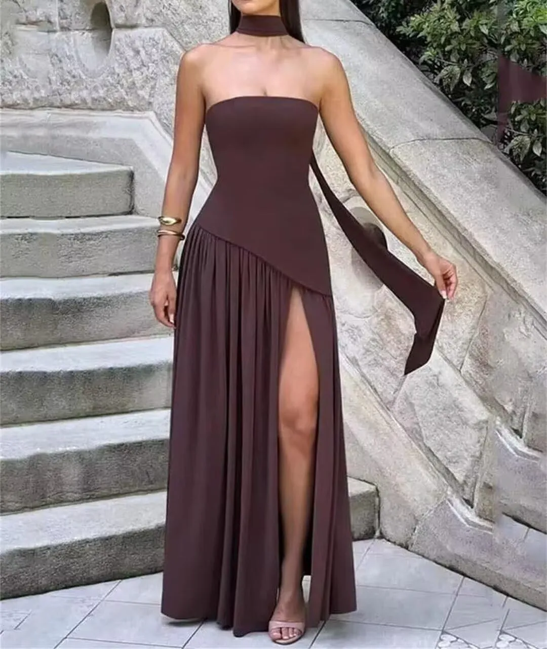 Women's Chiffon Bridesmaid Dresses 2025 Strapless Pleated Formal Party Dress Ruffles Evening Gowns with Side Slit