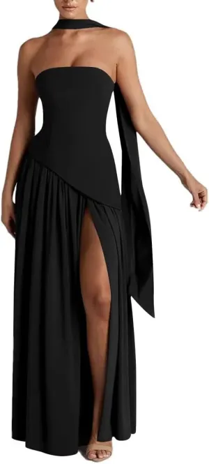 Women's Chiffon Bridesmaid Dresses 2025 Strapless Pleated Formal Party Dress Ruffles Evening Gowns with Side Slit