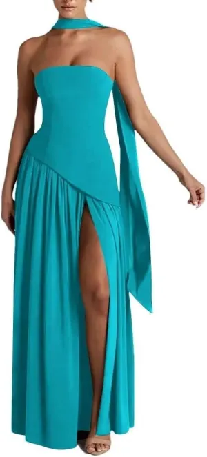 Women's Chiffon Bridesmaid Dresses 2025 Strapless Pleated Formal Party Dress Ruffles Evening Gowns with Side Slit