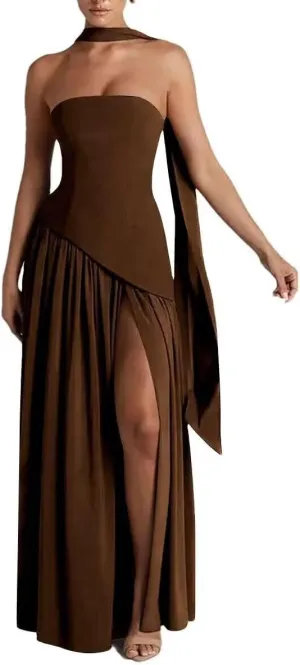 Women's Chiffon Bridesmaid Dresses 2025 Strapless Pleated Formal Party Dress Ruffles Evening Gowns with Side Slit
