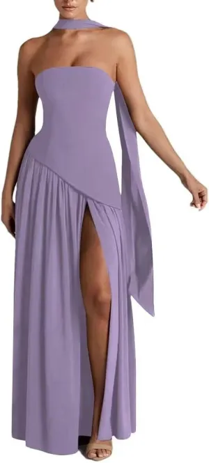 Women's Chiffon Bridesmaid Dresses 2025 Strapless Pleated Formal Party Dress Ruffles Evening Gowns with Side Slit