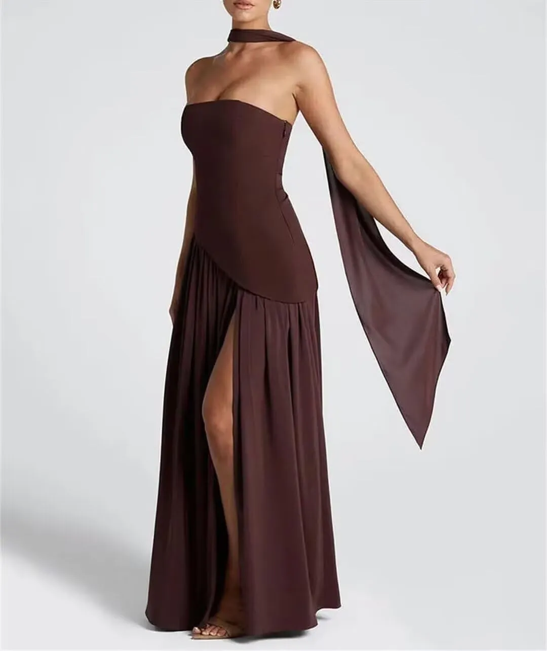 Women's Chiffon Bridesmaid Dresses 2025 Strapless Pleated Formal Party Dress Ruffles Evening Gowns with Side Slit