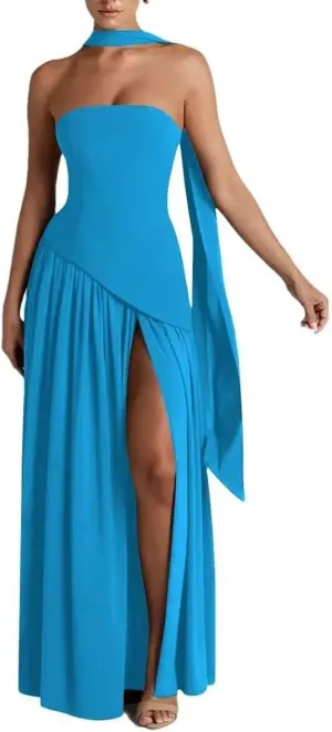 Women's Chiffon Bridesmaid Dresses 2025 Strapless Pleated Formal Party Dress Ruffles Evening Gowns with Side Slit