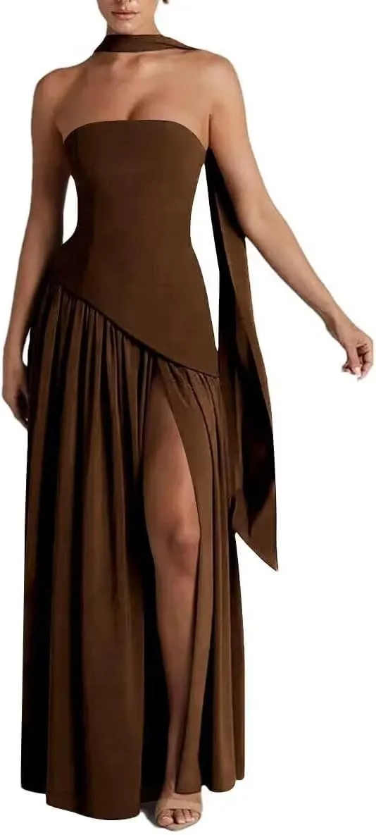 Women's Chiffon Bridesmaid Dresses 2025 Strapless Pleated Formal Party Dress Ruffles Evening Gowns with Side Slit