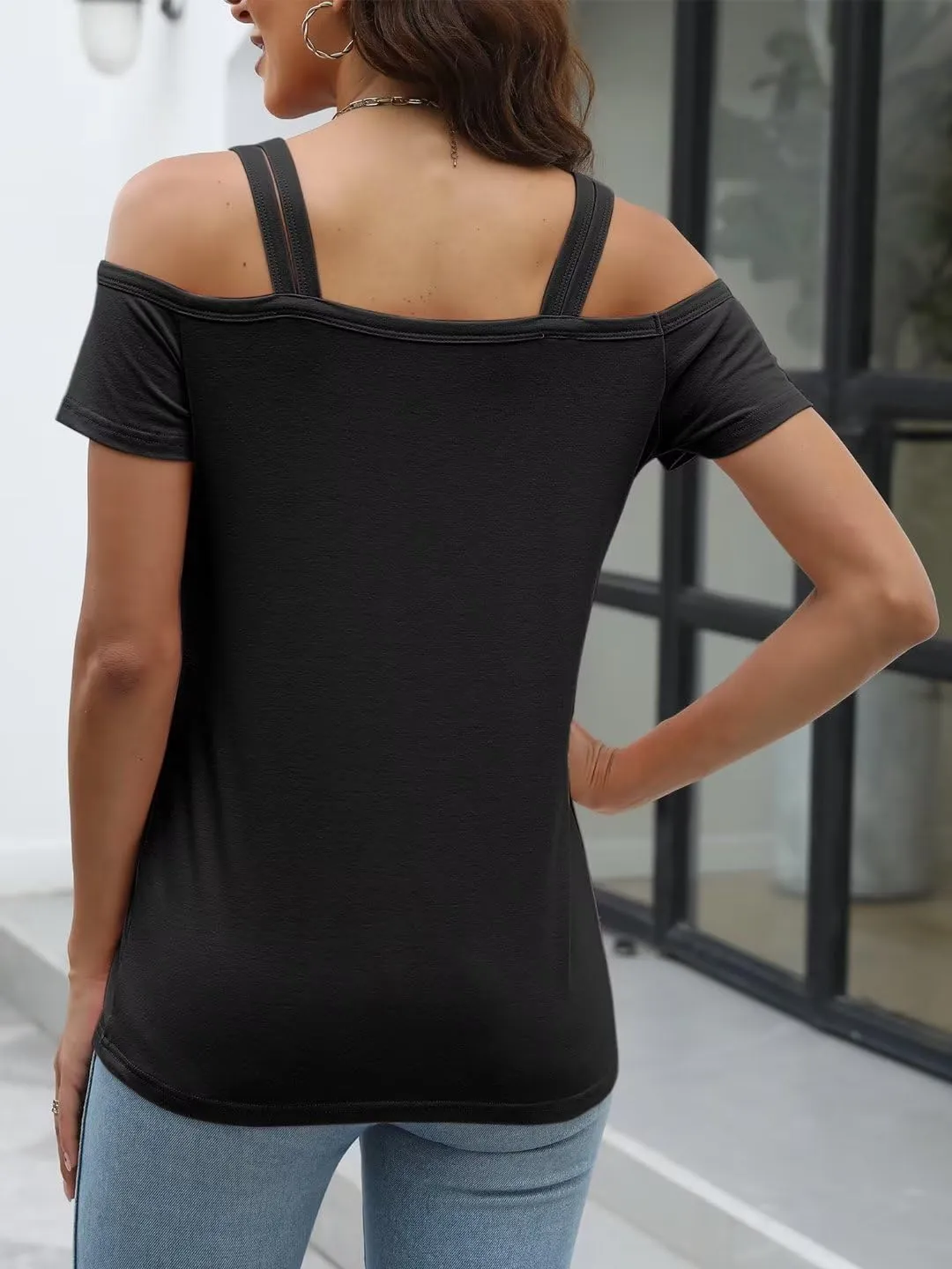 Womens Cold Shoulder Tops for Women Summer Sexy Cut Out Tops Short Sleeve Criss Cross Casual Shirts