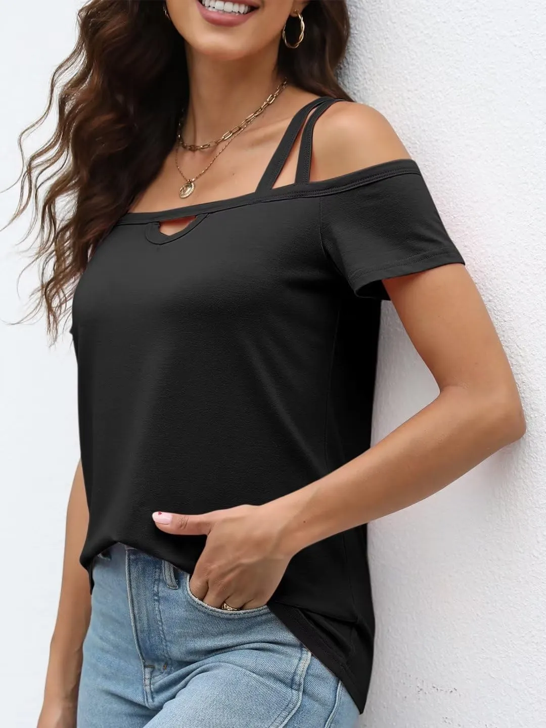 Womens Cold Shoulder Tops for Women Summer Sexy Cut Out Tops Short Sleeve Criss Cross Casual Shirts