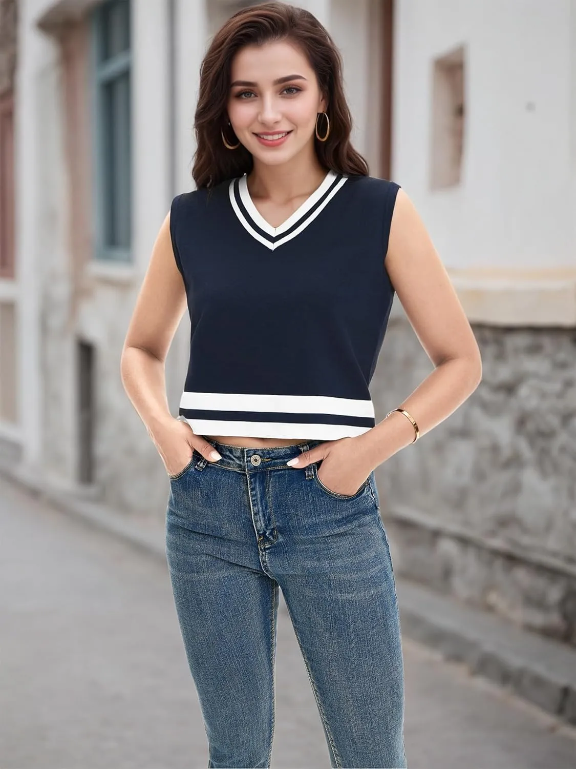 Womens Cropped Sweater Vest Summer V Neck Color Block Sleeveless Crop Tank Tops Loose Fit Knit Shirts 2025