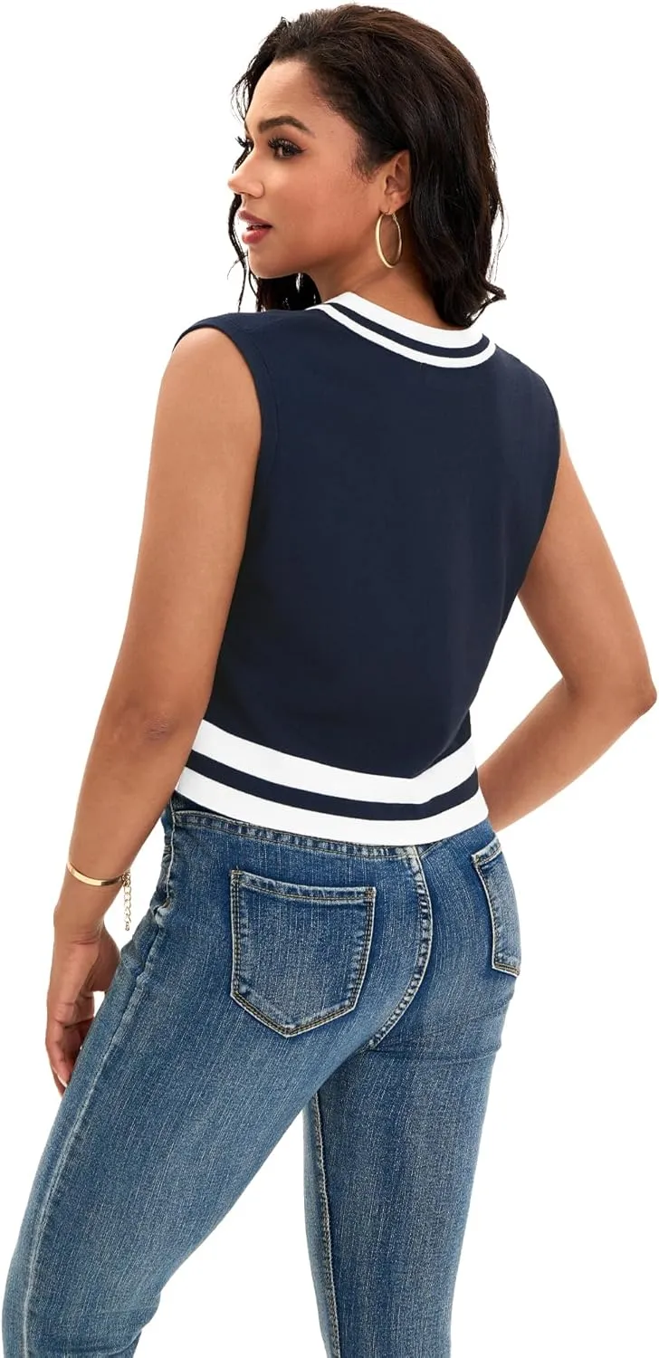 Womens Cropped Sweater Vest Summer V Neck Color Block Sleeveless Crop Tank Tops Loose Fit Knit Shirts 2025