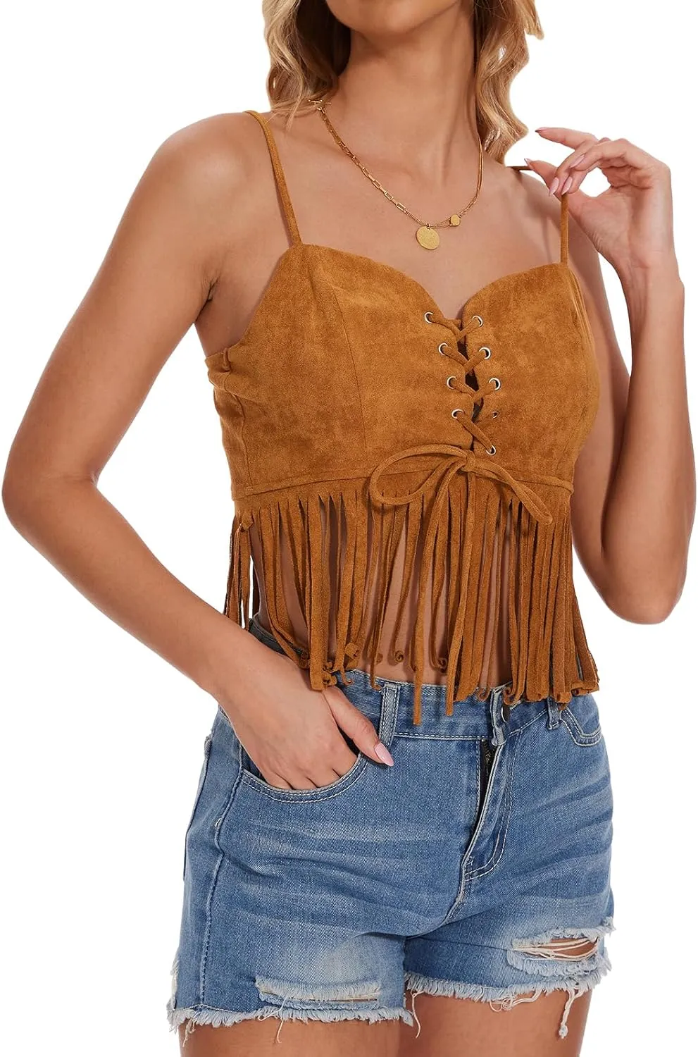 Womens Fringe Tank Top - Country Concert Outfits Festival Tassel Hem Sleeveless Y2k Camisole Cowgirl Shirts
