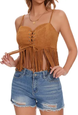 Womens Fringe Tank Top - Country Concert Outfits Festival Tassel Hem Sleeveless Y2k Camisole Cowgirl Shirts