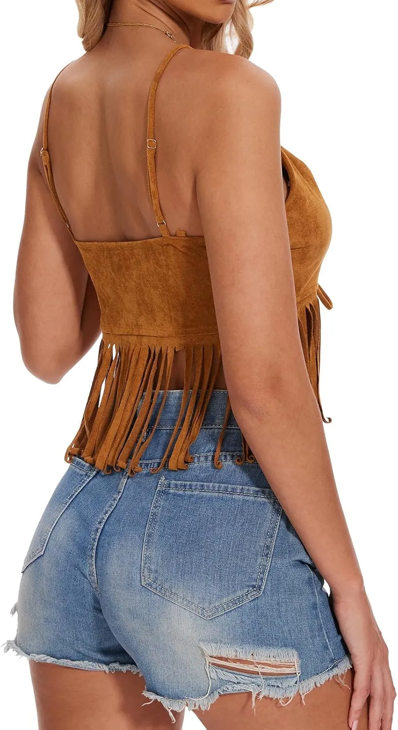 Womens Fringe Tank Top - Country Concert Outfits Festival Tassel Hem Sleeveless Y2k Camisole Cowgirl Shirts